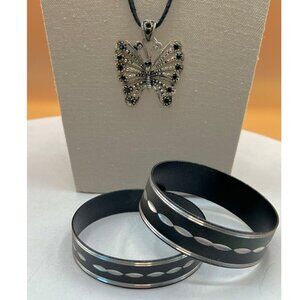 Black Butterfly Pendant Necklace & Two Black Bangle Bracelets.  B100
